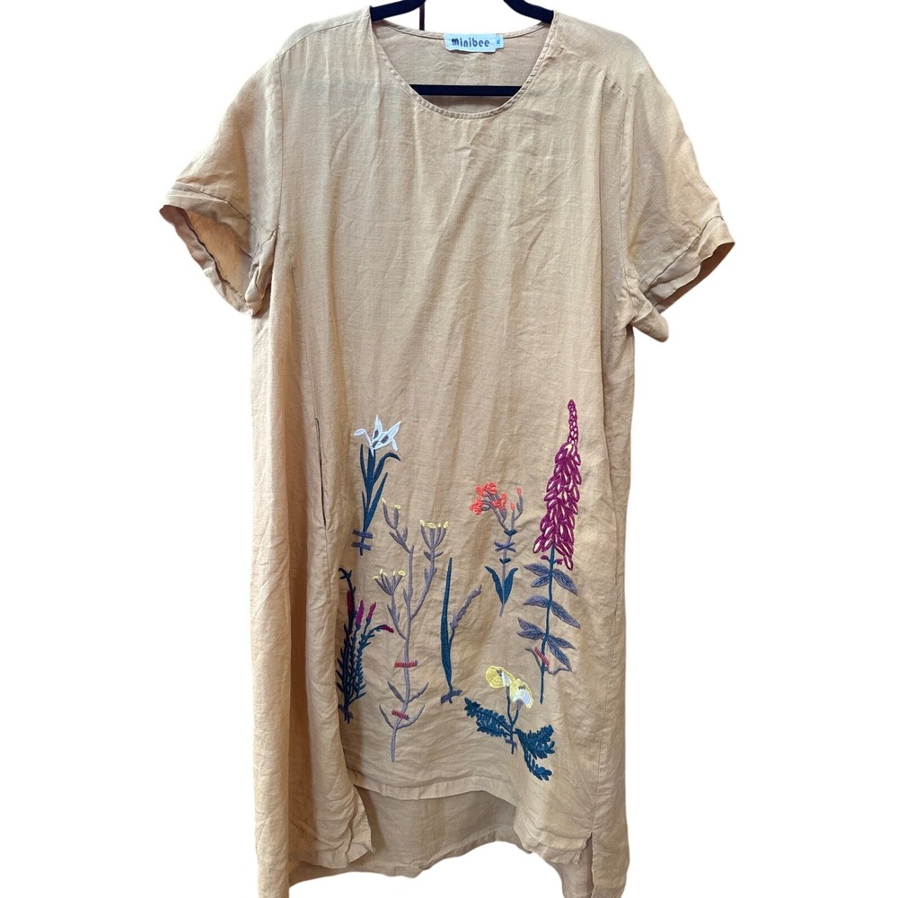 Minibee Mustard Yellow Linen Blend Floral Embroidered Shift Dress XL Pockets